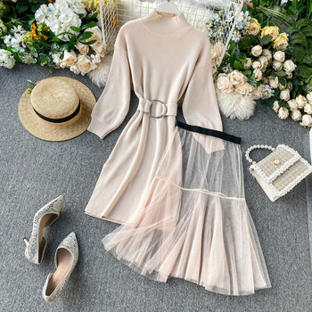 Rochie moderna de dama cu guler semi-inalt si curea in mai multe culori