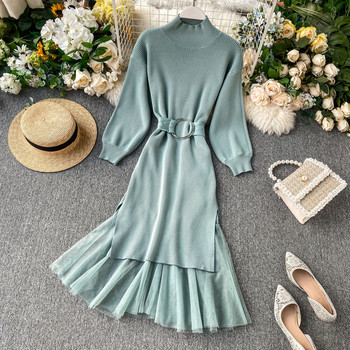 Rochie moderna de dama cu guler semi-inalt si curea in mai multe culori