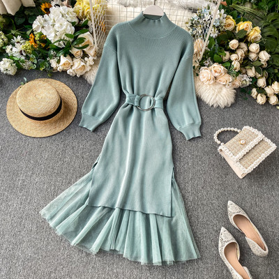 Rochie moderna de dama cu guler semi-inalt si curea in mai multe culori