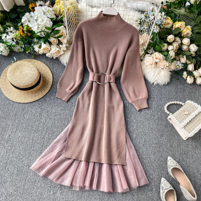 Rochie moderna de dama cu guler semi-inalt si curea in mai multe culori