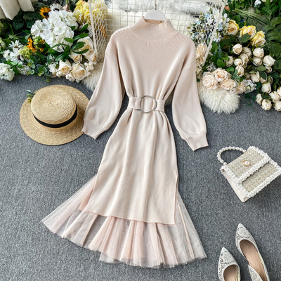 Rochie moderna de dama cu guler semi-inalt si curea in mai multe culori