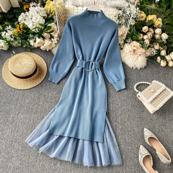 Rochie moderna de dama cu guler semi-inalt si curea in mai multe culori