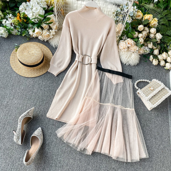 Rochie moderna de dama cu guler semi-inalt si curea in mai multe culori