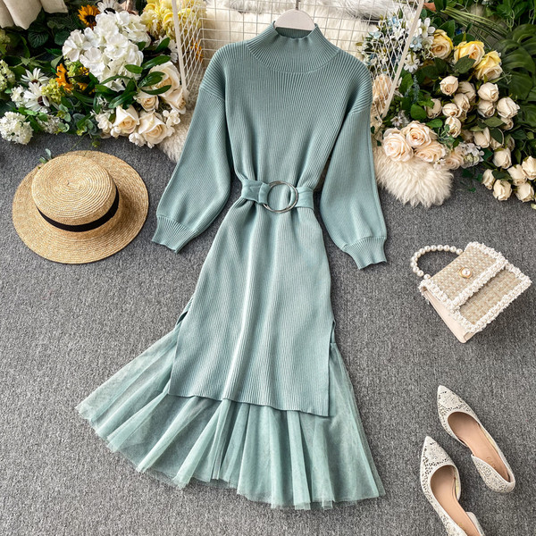 Rochie moderna de dama cu guler semi-inalt si curea in mai multe culori