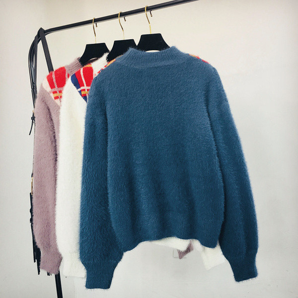 Pulover de dama modern cu decolteu rotund in alb si albastru