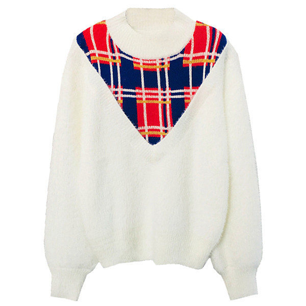 Pulover de dama modern cu decolteu rotund in alb si albastru