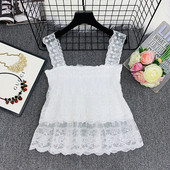 Maieu de damă din dantelă cu bretele largi în alb și galben