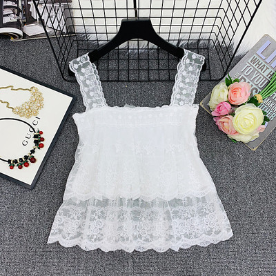 Maieu de damă din dantelă cu bretele largi în alb și galben