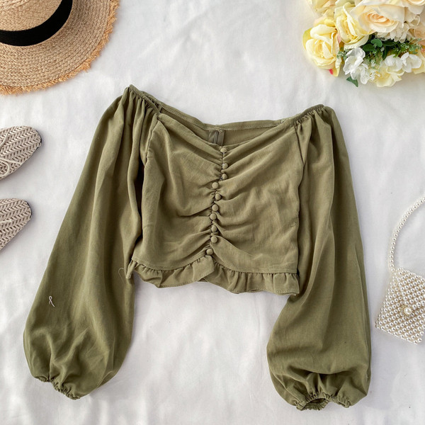 Bluză de damă modernă cu decolteu rotund și nasturi în mai multe culori