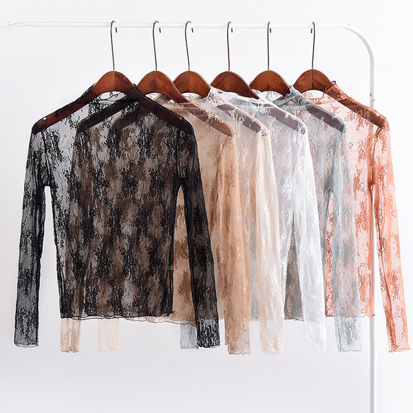 Γυναικεία δαντελένια μπλούζα με μακρύ μανίκι σε μπεζ, μαύρο, καφέ, γκρι και λευκό χρώμα