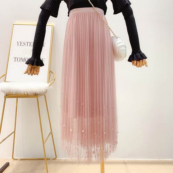 Lady πλισέ φούστα με μαργαριτάρι διακόσμηση σε τέσσερα χρώματα