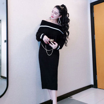 Rochie de damă, lejeră, lungă de iarnă, cu umerii goi, în negru