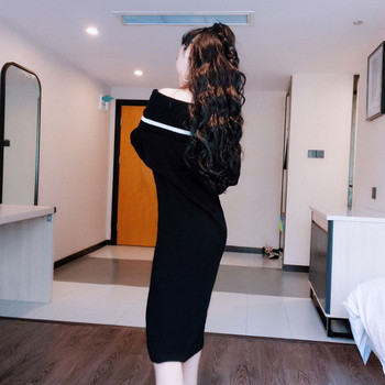 Rochie de damă, lejeră, lungă de iarnă, cu umerii goi, în negru