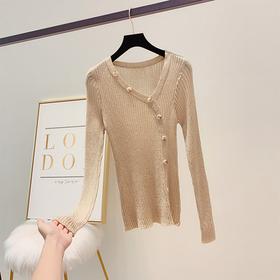 Pulover de dama modern cu nasturi si decolteu spitz in patru culori