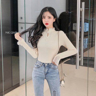 Νέο μοντέλο γυναικείο πουλόβερ με κολάρο και δαντέλα σε μπεζ, λευκό, μπλε και μαύρο χρώμα