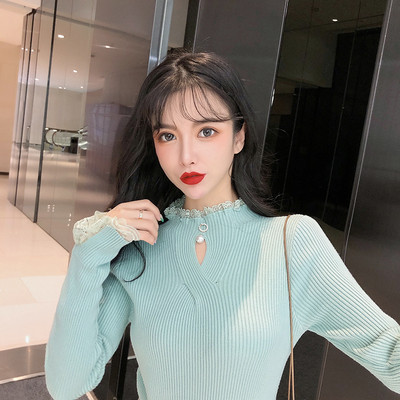 Νέο μοντέλο γυναικείο πουλόβερ με κολάρο και δαντέλα σε μπεζ, λευκό, μπλε και μαύρο χρώμα