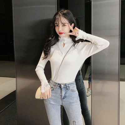 Νέο μοντέλο γυναικείο πουλόβερ με κολάρο και δαντέλα σε μπεζ, λευκό, μπλε και μαύρο χρώμα