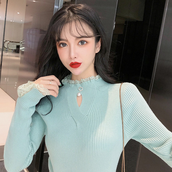 Νέο μοντέλο γυναικείο πουλόβερ με κολάρο και δαντέλα σε μπεζ, λευκό, μπλε και μαύρο χρώμα