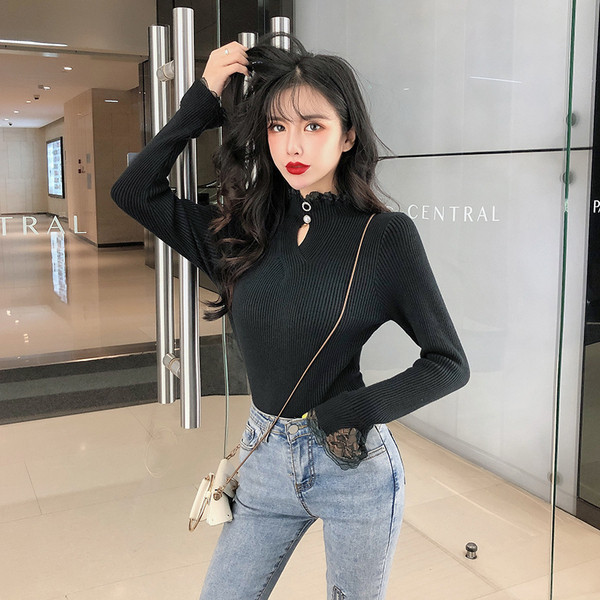 Νέο μοντέλο γυναικείο πουλόβερ με κολάρο και δαντέλα σε μπεζ, λευκό, μπλε και μαύρο χρώμα