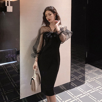 Rochie elegantă de damă în negru, cu panglică și tul