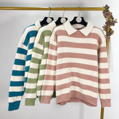 Pulover de dama cu dungi cu guler clasic in trei culori