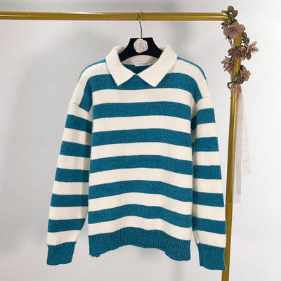 Pulover de dama cu dungi cu guler clasic in trei culori