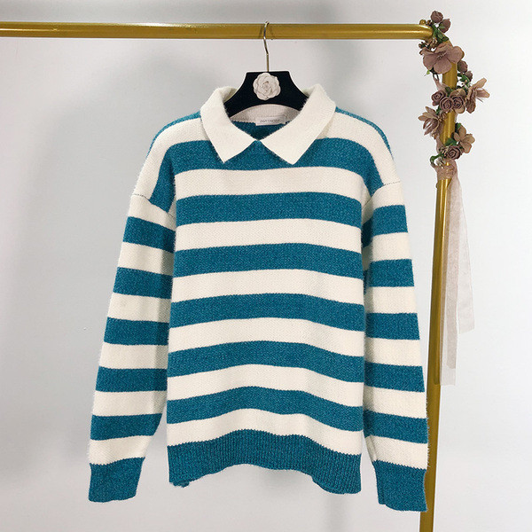 Pulover de dama cu dungi cu guler clasic in trei culori