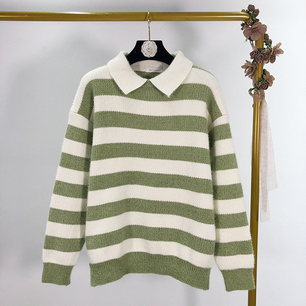 Pulover de dama cu dungi cu guler clasic in trei culori