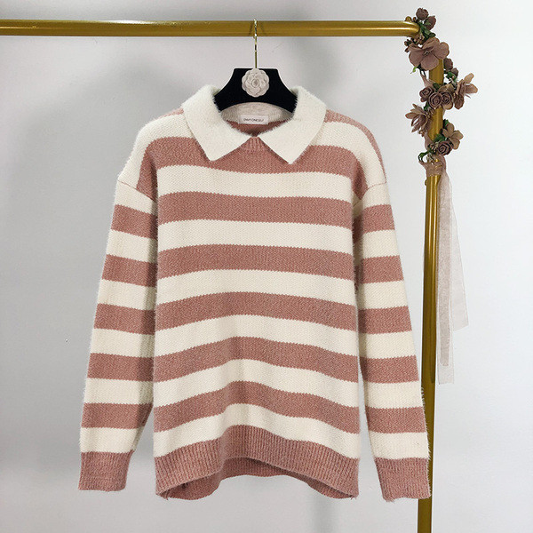 Pulover de dama cu dungi cu guler clasic in trei culori