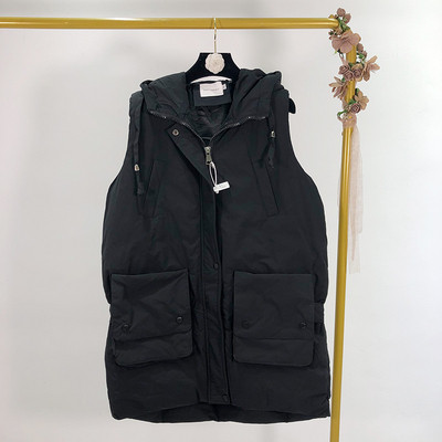 Μακρύ  γιλέκο με τσέπες και κουκούλα σε λευκό, μαύρο και πράσινο χρώμα