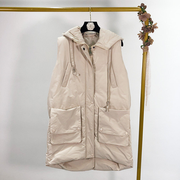 Μακρύ  γιλέκο με τσέπες και κουκούλα σε λευκό, μαύρο και πράσινο χρώμα