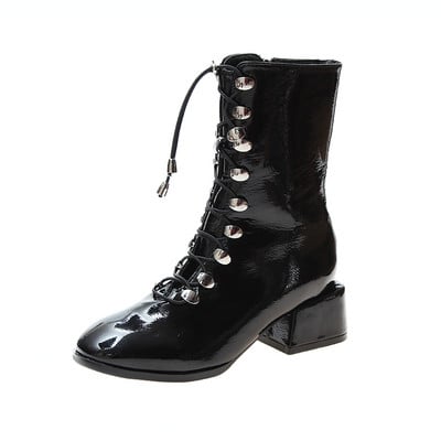 Cizme de dama din piele ecologica cu sireturi de culoare neagra