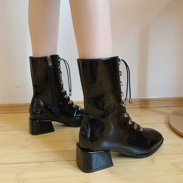 Cizme de dama din piele ecologica cu sireturi de culoare neagra