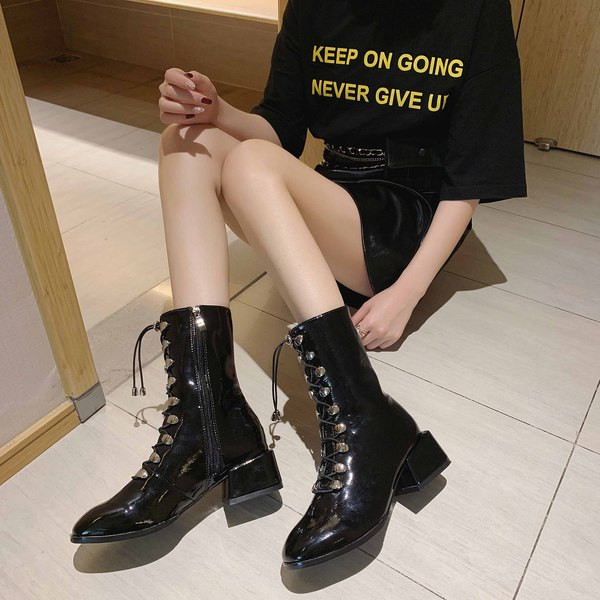 Cizme de dama din piele ecologica cu sireturi de culoare neagra