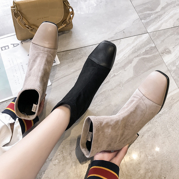 Ghete de dama moderne cu toc gros in negru si bej