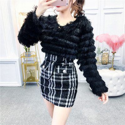 Bluză de damă modernă cu franjuri în alb și negru