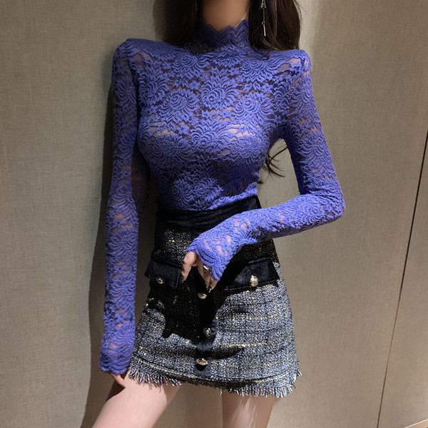 Bluză de damă modernă din dantelă cu guler înalt