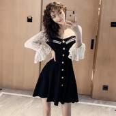 Rochie actuală de damă cu mâneci lotus și nasturi în negru