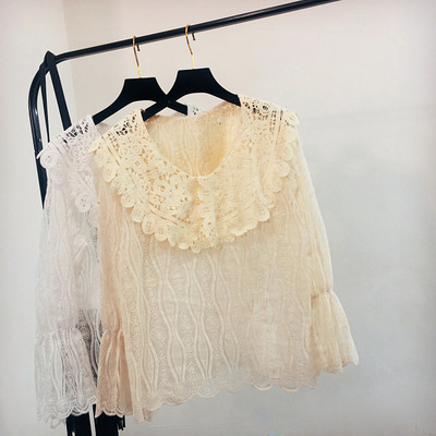 Bluză de damă din dantelă cu decolteu rotund în galben și alb