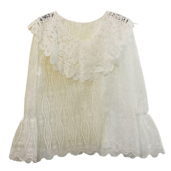 Bluză de damă din dantelă cu decolteu rotund în galben și alb