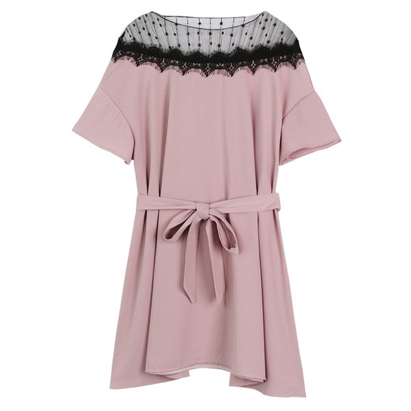 Rochie eleganta cu dantela si curea in negru si roz