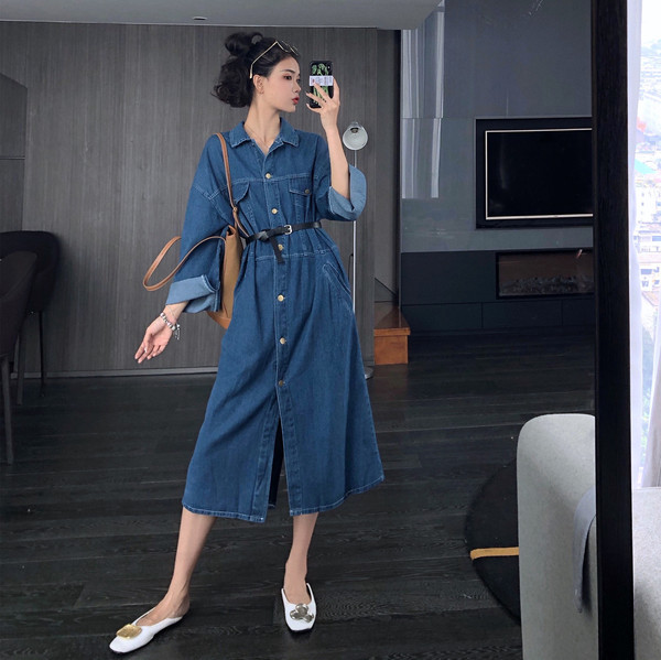 Μακρύ και φαρδύγυναικείο τζιν  φόρεμα με κουμπιά