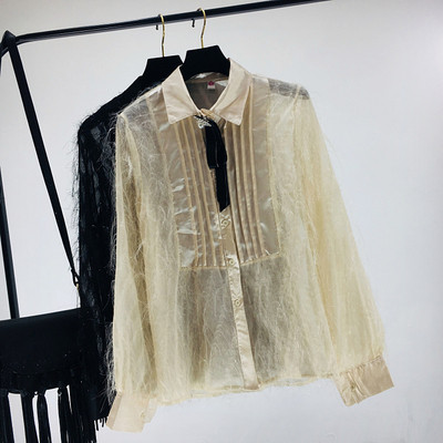 Γυναικείο πουκάμισο με μεταλλικό στοιχείο σε λευκό, μαύρο και κίτρινο χρώμα