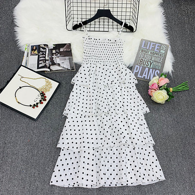 Rochie de dama cu buline cu bretele subtiri in alb-negru