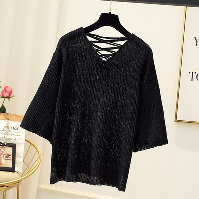 Μοντέρνο γυναικείο πουλόβερ με V-λαιμόκοψη και κορδόνια