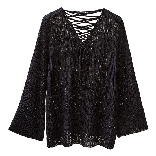 Μοντέρνο γυναικείο πουλόβερ με V-λαιμόκοψη και κορδόνια