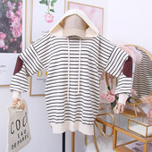 Νέο μοντέλο ριγέ γυναικείο πουλόβερ με κουκούλα σε άσπρο, μοβ, πράσινο και μαύρο χρώμα