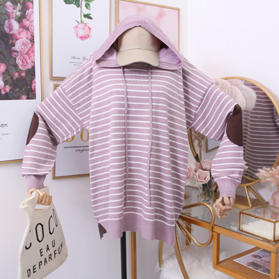 Νέο μοντέλο ριγέ γυναικείο πουλόβερ με κουκούλα σε άσπρο, μοβ, πράσινο και μαύρο χρώμα