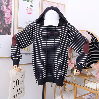 Νέο μοντέλο ριγέ γυναικείο πουλόβερ με κουκούλα σε άσπρο, μοβ, πράσινο και μαύρο χρώμα