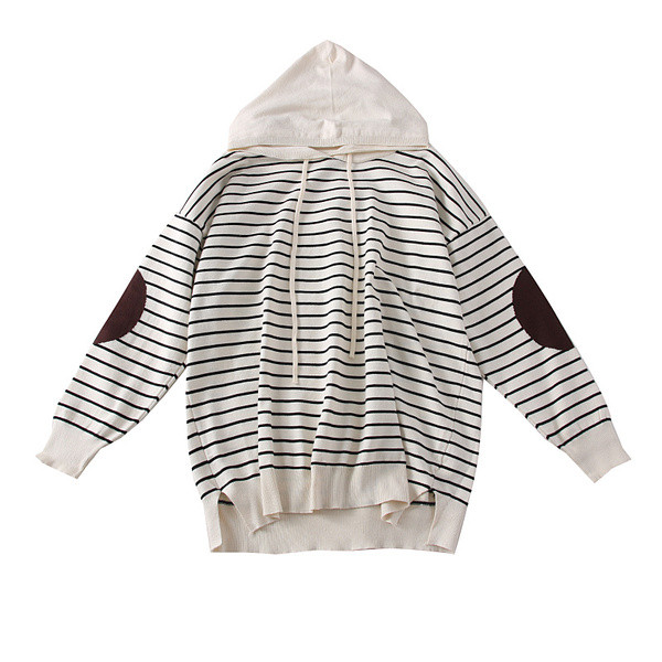 Νέο μοντέλο ριγέ γυναικείο πουλόβερ με κουκούλα  σε άσπρο, μοβ, πράσινο και μαύρο χρώμα